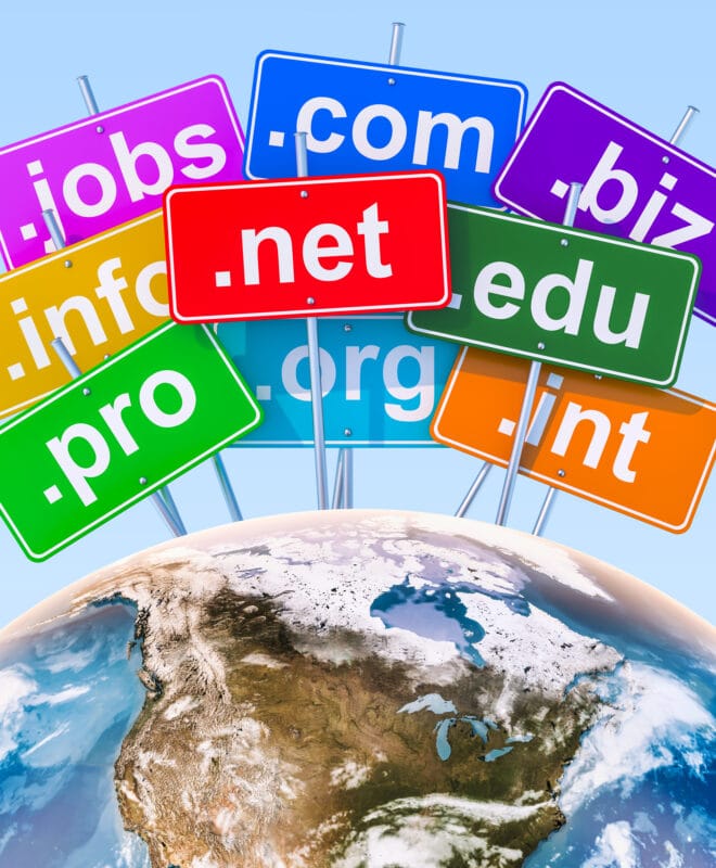 Global domain name registration concept with a 3D earth globe for online presence