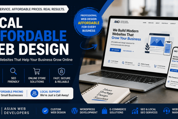 Professional local affordable web design services by Asian Web Developers, featuring a modern responsive website development workspace for small businesses.