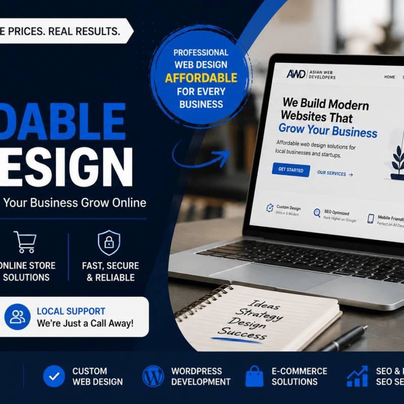 Professional local affordable web design services by Asian Web Developers, featuring a modern responsive website development workspace for small businesses.