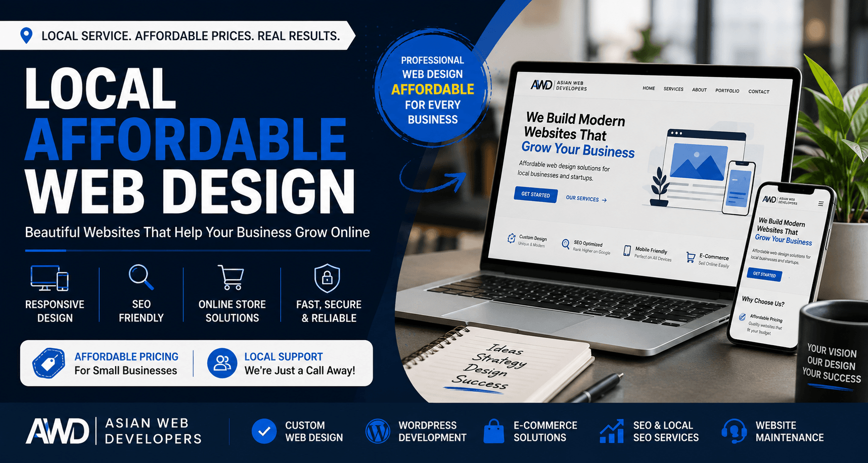 Professional local affordable web design services by Asian Web Developers, featuring a modern responsive website development workspace for small businesses.