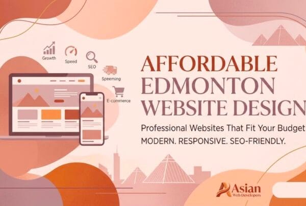 Affordable Edmonton website design banner featuring responsive laptop and mobile layouts in aesthetic terracotta and mauve tones by Asian Web Developers.