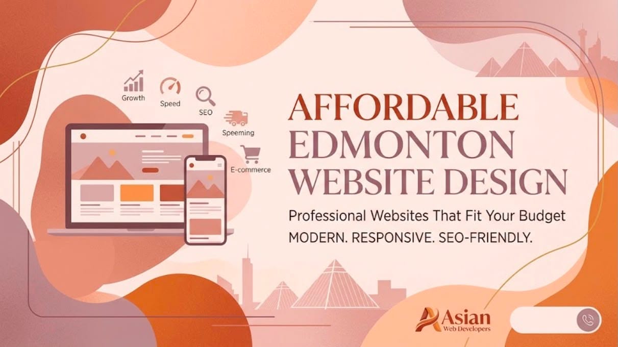 Affordable Edmonton website design banner featuring responsive laptop and mobile layouts in aesthetic terracotta and mauve tones by Asian Web Developers.